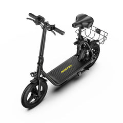 A black APEFOX C14N electric scooter with a step-through frame, black seat, rear wire basket, and front headlight, shown on a clean white background.