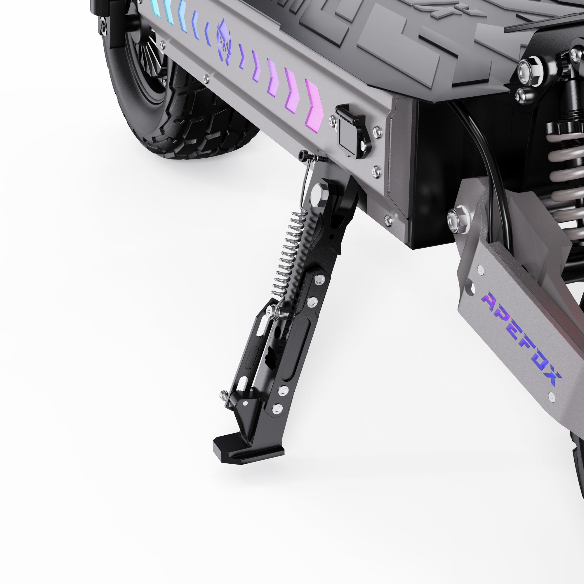 Close-up of a robot leg with spring mechanism on a white background, featuring the Apefox brand - APEFOX T90 Dual Drive Electric Scooter.