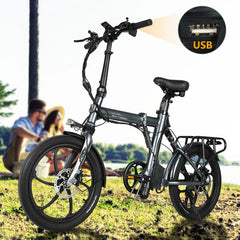 Foldable CMACEWHEEL EM20 Electric Bike with USB port on a grassy background