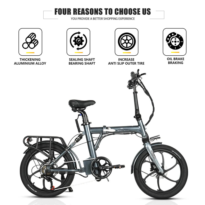 CMACEWHEEL EM20 Electric Folding bicycle with features highlighted on a white background