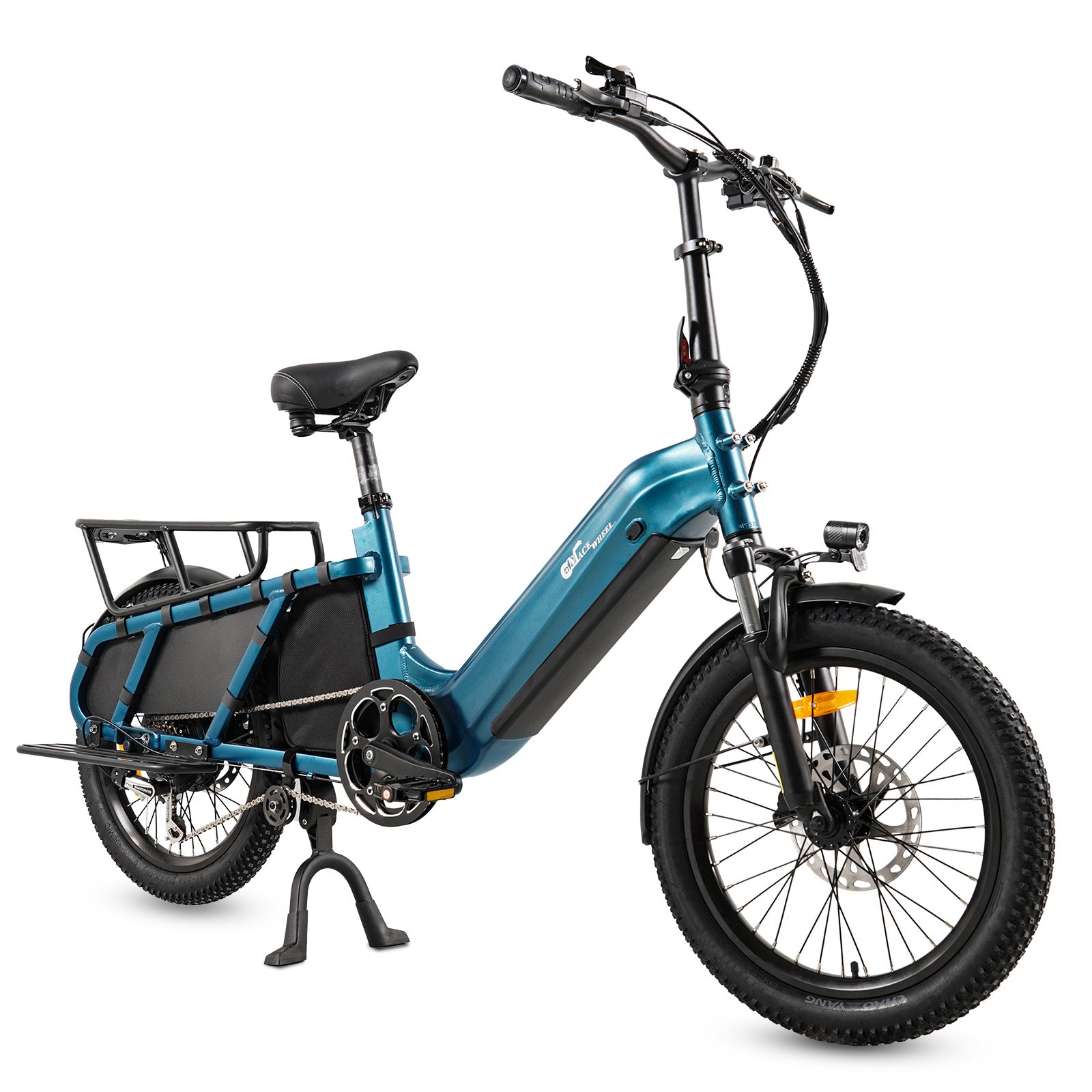 Blue CMACEWHEEL HQ20 Cargo e bicycle with black seat and accessories on a white background