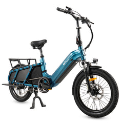 Blue CMACEWHEEL HQ20 Cargo e bicycle with black seat and accessories on a white background