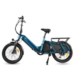 Blue - CMACEWHEEL HQ20 Electric Cargo Bike with a black seat and cargo rack on a white background @ Pogo Cycles, Ireland