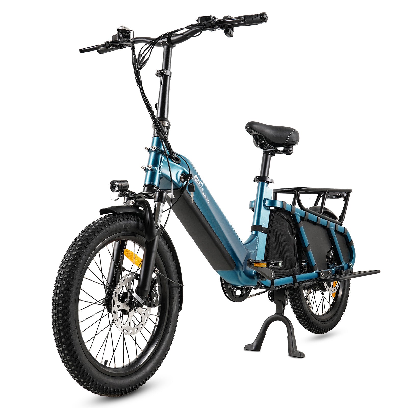 Blue CMACEWHEEL HQ20 Electric Cargo Bike with a black seat on a white background