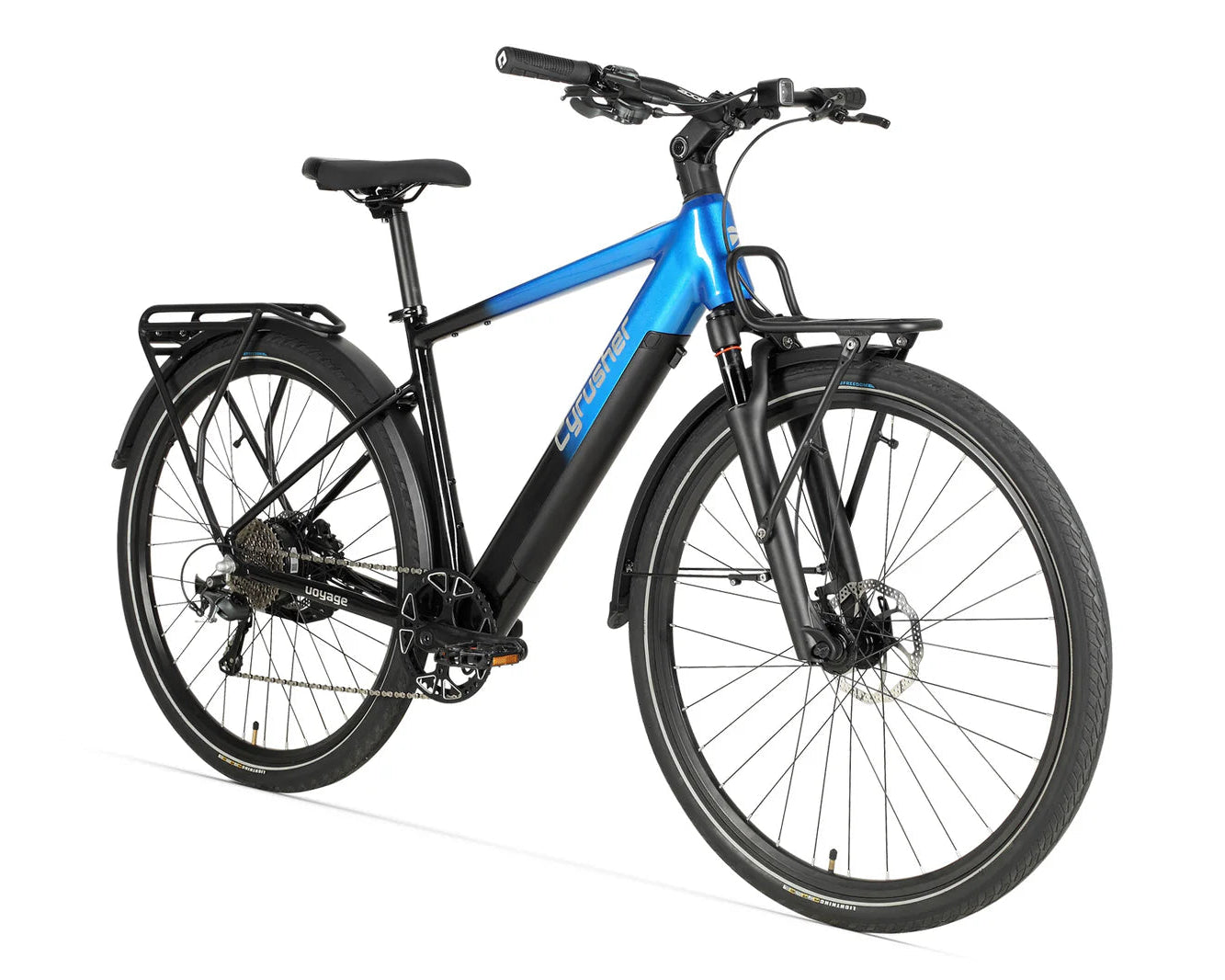 Black and blue Cyrusher Voyage Trekking Electric Bike on a white background