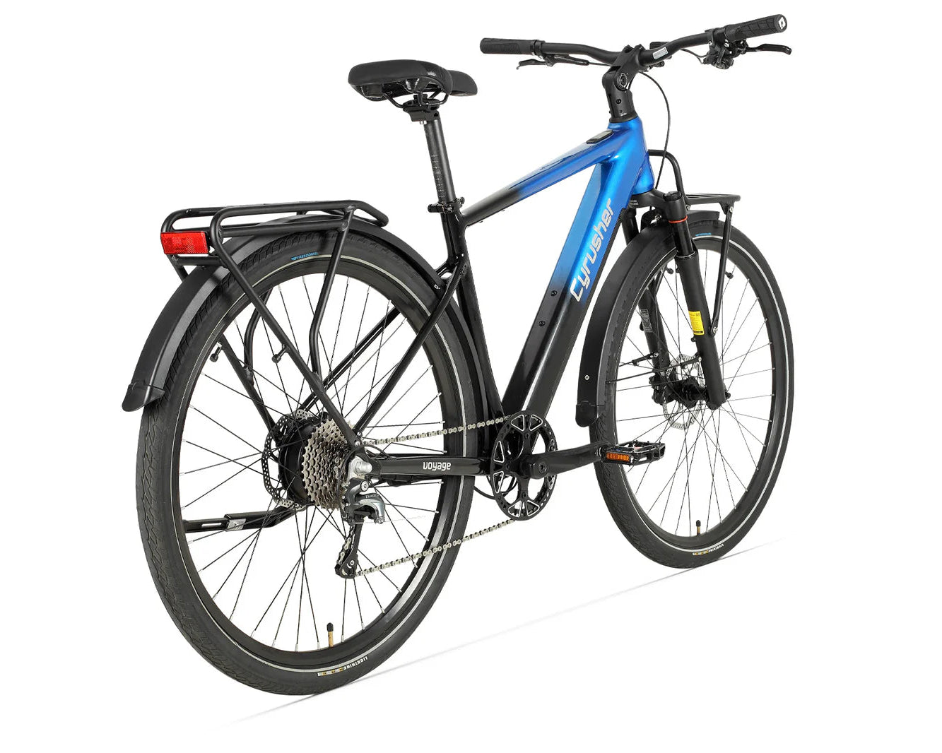 Blue Cyrusher Voyage Trekking Electric Bike with black frame on a white background - Pogo Cycles, Ireland