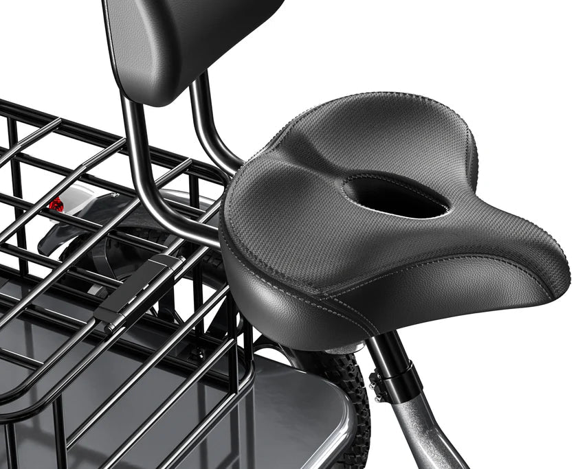 Black bicycle seat with a wire basket on a white background -Cysum T1 Pro Electric Tricycle
