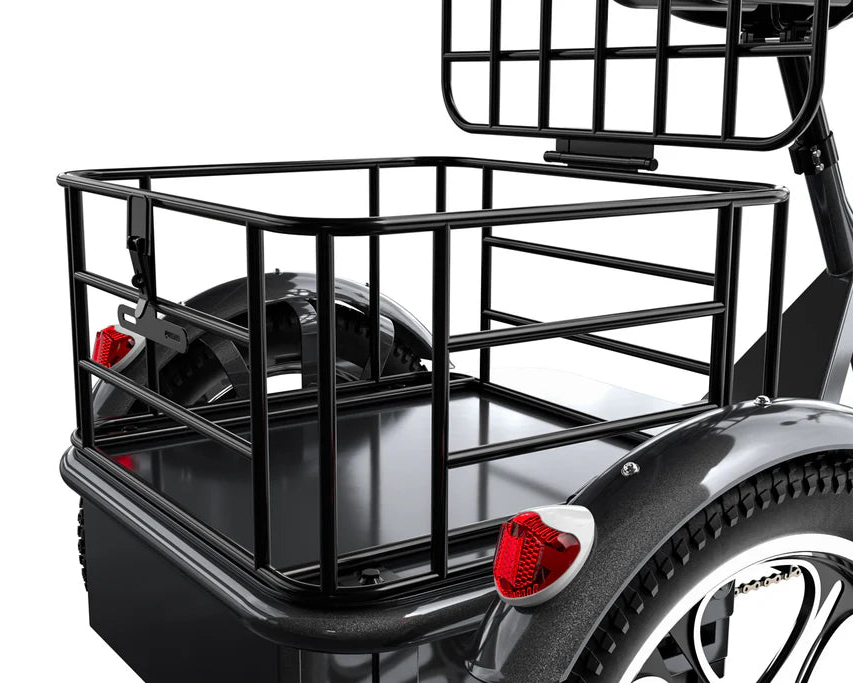 Cysum T1 Pro Electric Tricycle - black metal bike basket attached to a bicycle with a white background