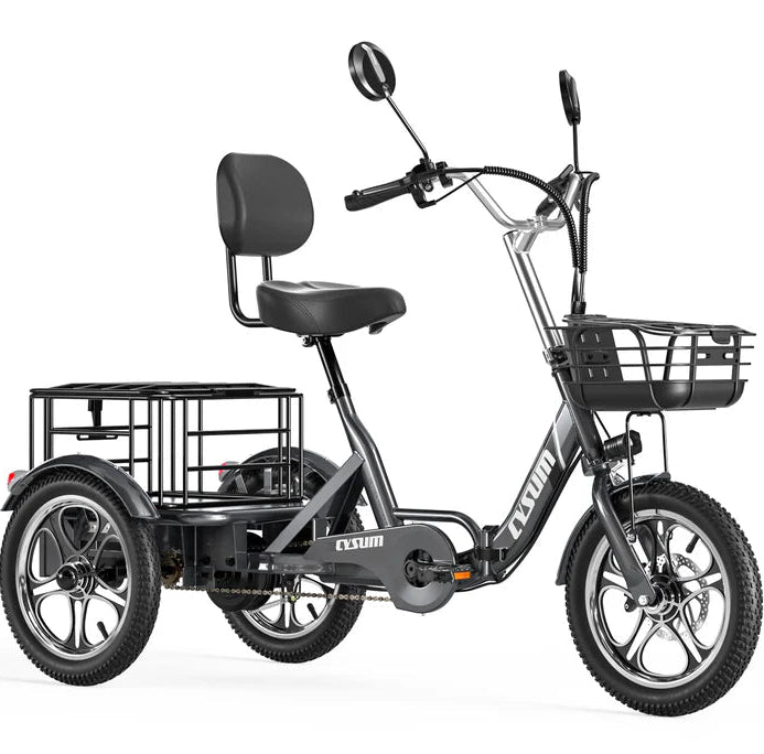 Cysum T1 Pro Electric Tricycle with a basket and seat on a white background