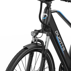 Close-up of a black DUOTTS C29 Lite Electric bicycle with 'Duotts' branding on a white background