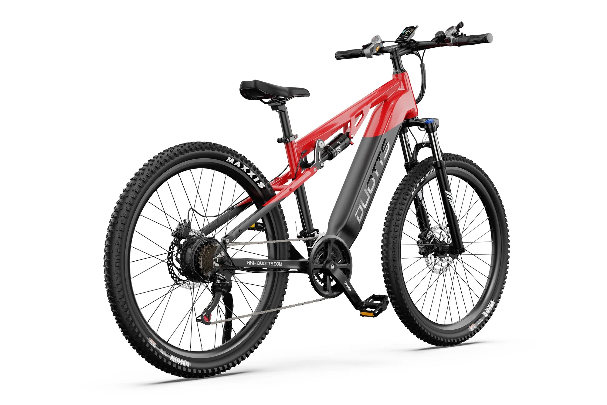 Red DUOTTS E29 Electric Bike with black components on a white background - Pogo Cycles