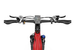 Close-up of a red DUOTTS E29 Electric Bike handlebar with control buttons and display on a white background