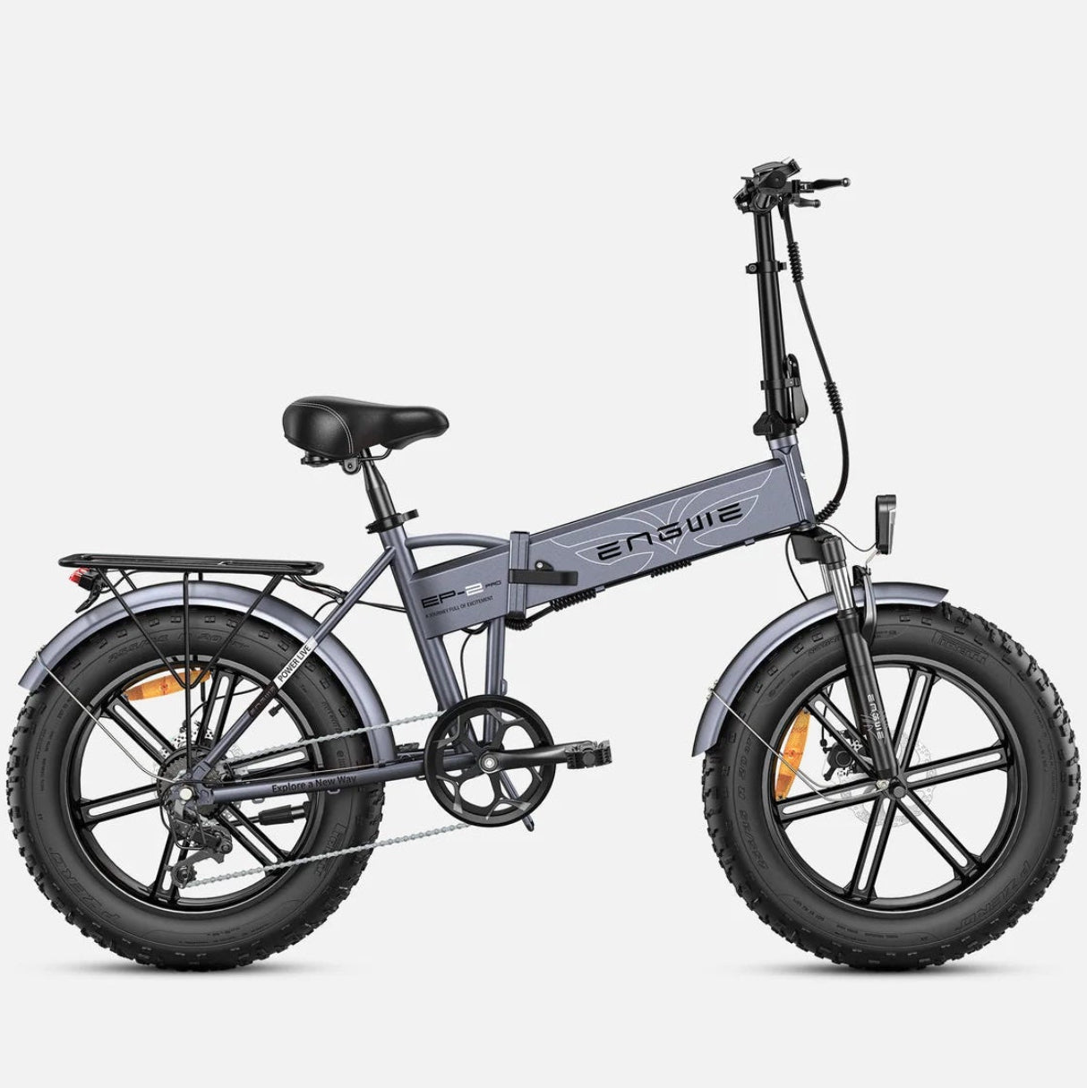 A Engwe EP-2 Pro folding electric bicycle in a matte gray finish with black components, including the saddle, tires, and handlebars. The brand name 'engwe' is printed on the frame.