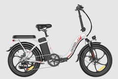 White Fafrees F20 Plus Folding Electric Bike with black seat on a light gray background