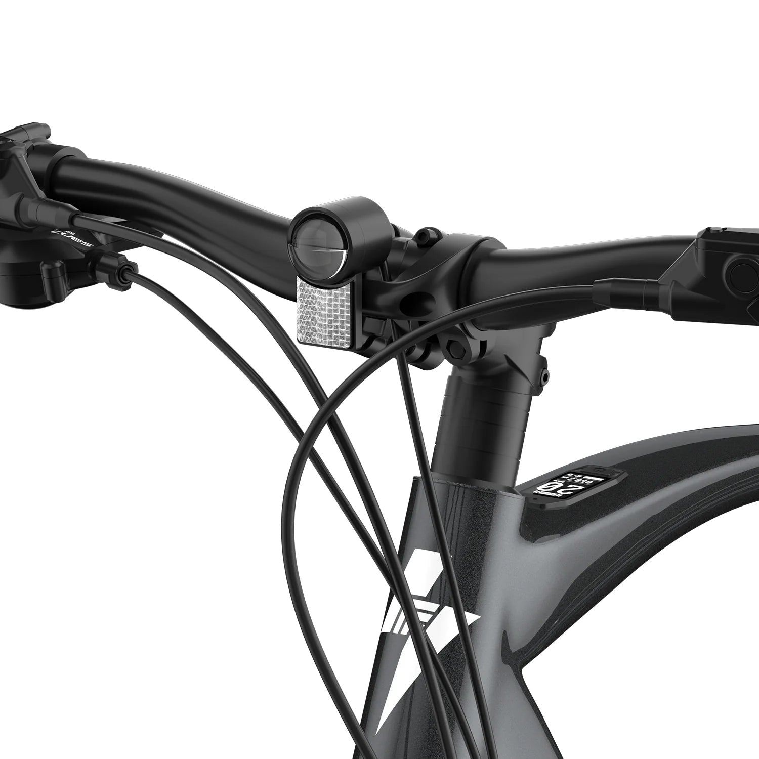 Close-up of a Fafrees F700W Electric bicycle handlebar with black frame and silver brake lever on a white background