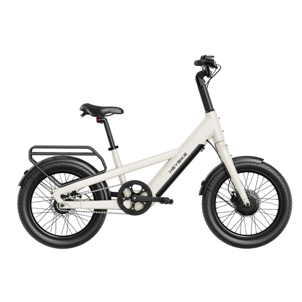 White Heybike EC Compact City Electric Bike with black wheels on a white background