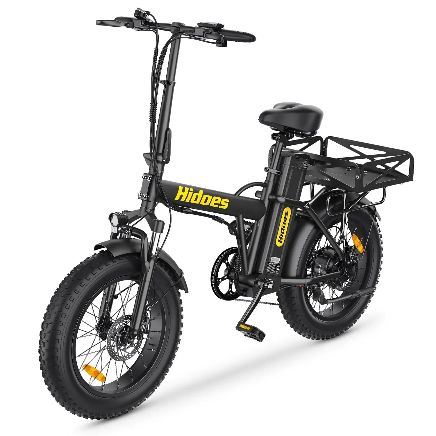 Black Hidoes F3 Pro Electric Bike with yellow branding on a white background