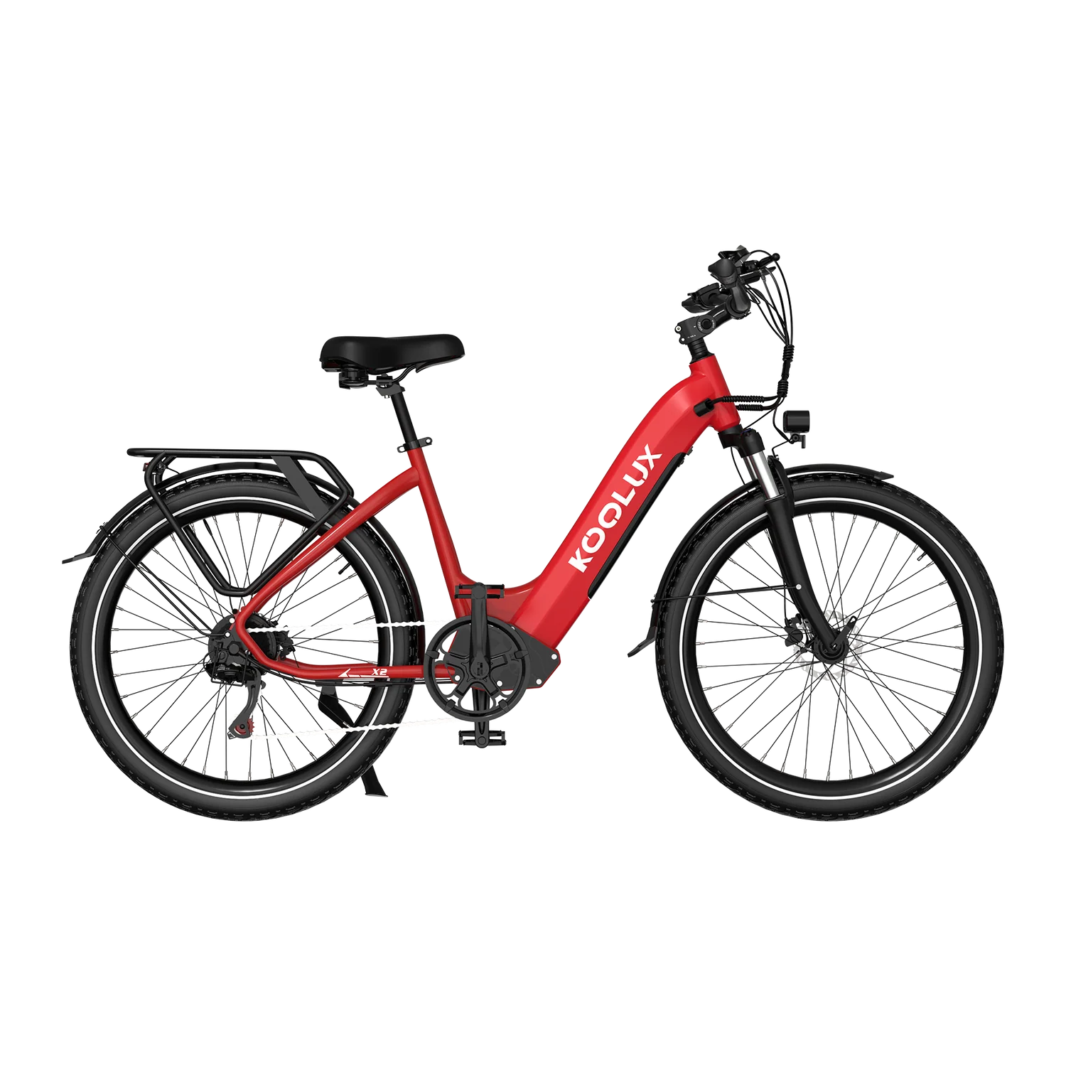 Red KOOLUX X2 Step-Thru Electric Bike with 'Koolux' branding on a white background - Pogo Cycles, Ireland