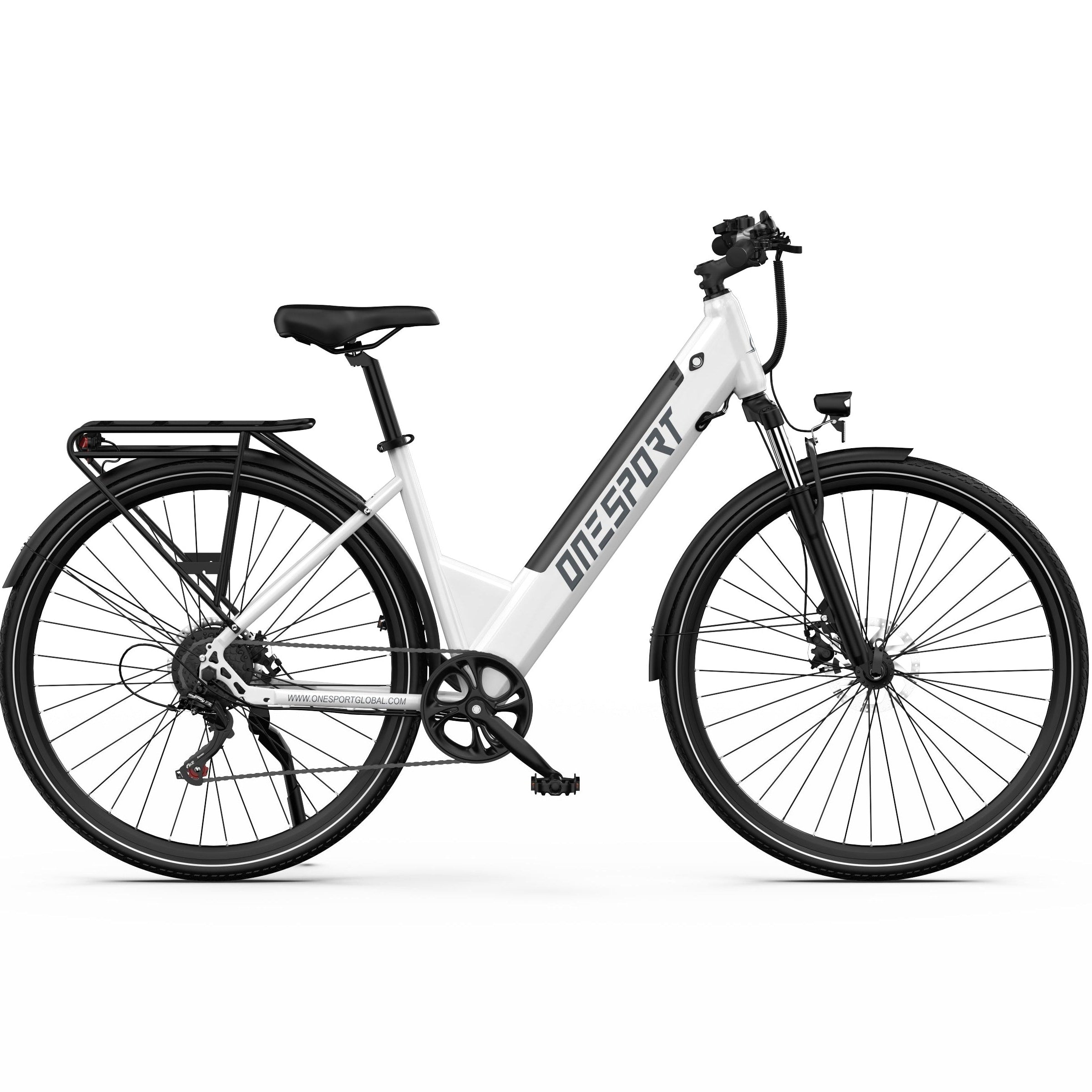 White ONESPORT OT12 Urban Electric Bike with black accents on a white background