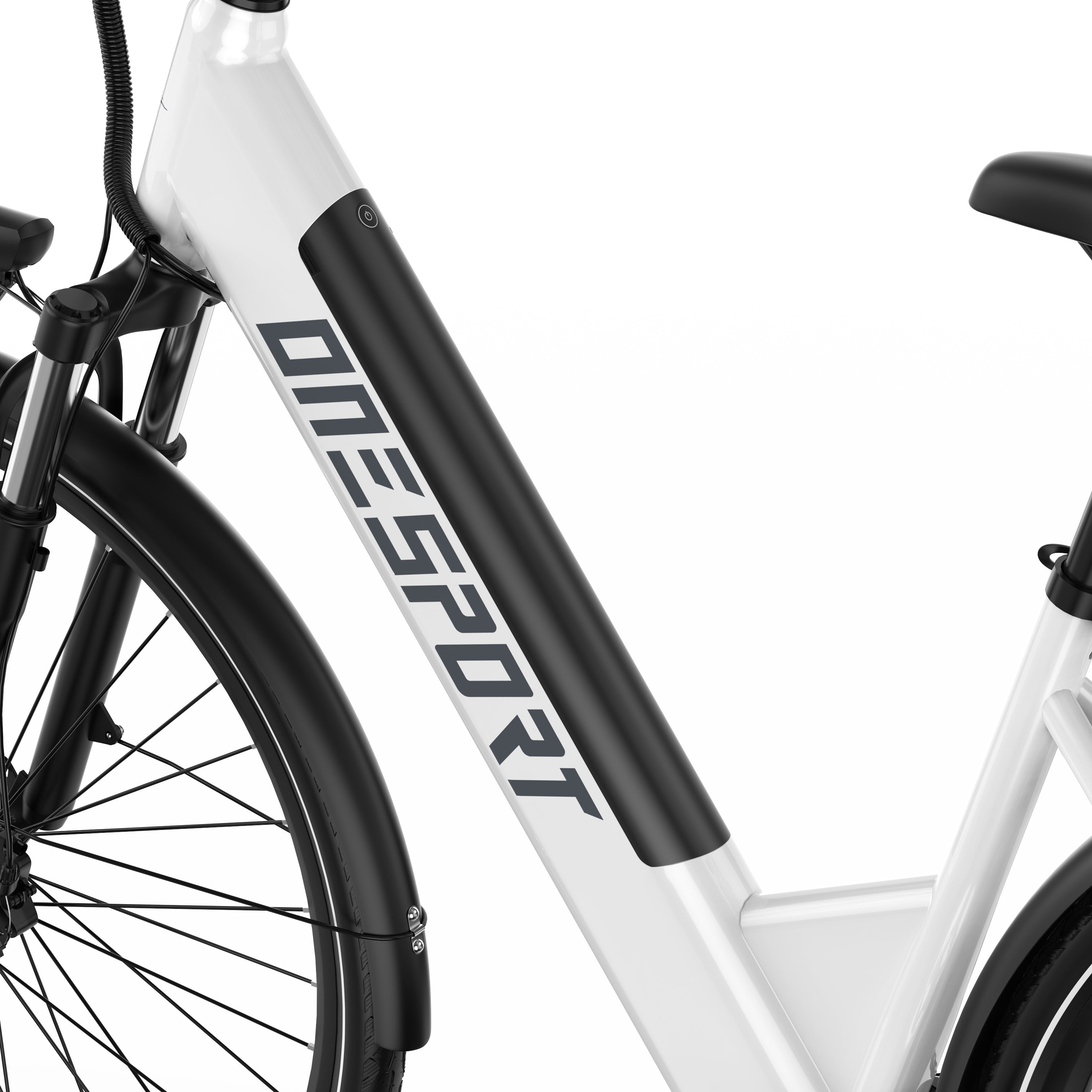Close-up of a ONESPORT OT12 Urban Electric bicycle with 'ONE SPORT' branding on the fork.