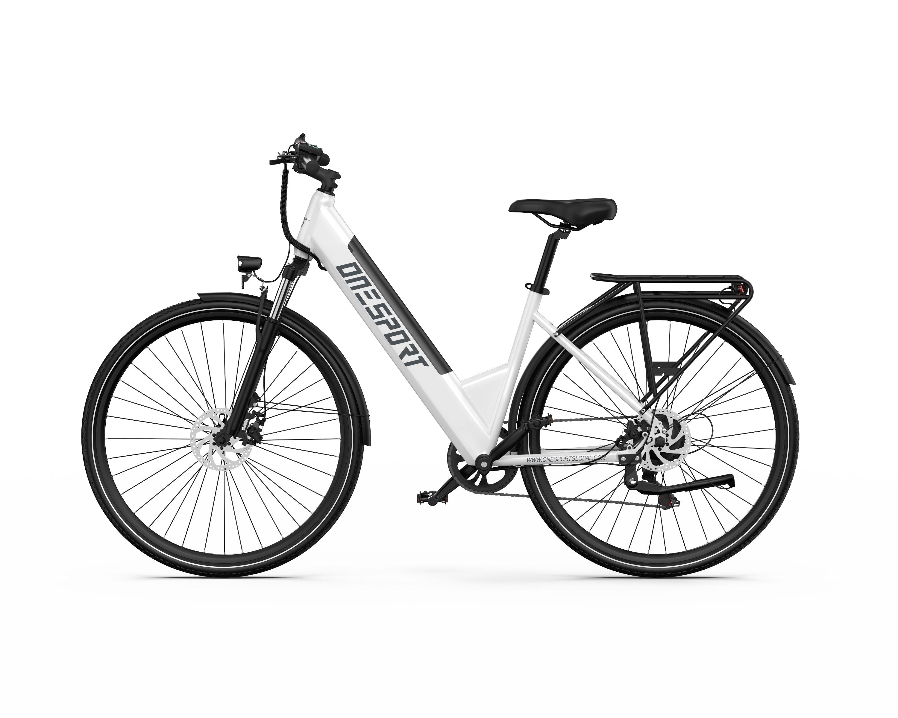 White ONESPORT OT12 Urban Electric bicycle with black accents on a white background - Pogo Cycles