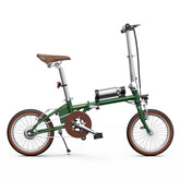 Green OneSport OT02 Compact Folding Electric bicycle with brown seat on a white background