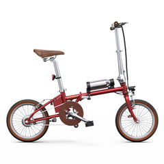 Red OneSport OT02 Compact Folding Electric bicycle with a brown seat on a white background