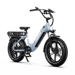 Light blue Onesport OT08 electric bike with black details on a white background