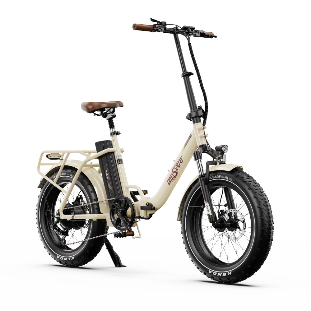 Beige Onesport OT16 MAX Folding Electric Bike with Kenda tires on a white background