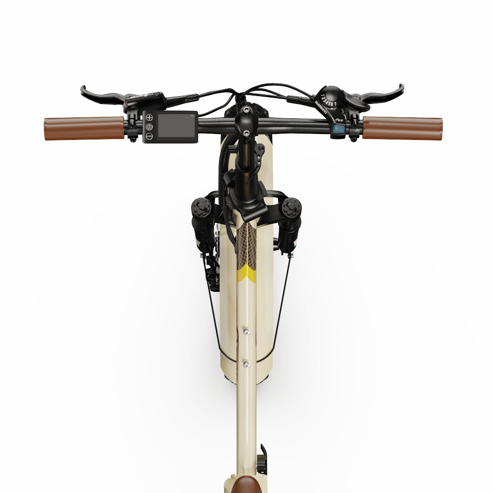 Close-up of a Onesport OT16 MAX Folding Electric bicycle handlebar with brown grips on a white background