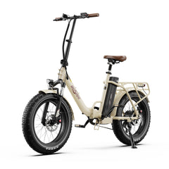 Beige Onesport OT16 MAX Folding Electric Bike with brown seat on a white background