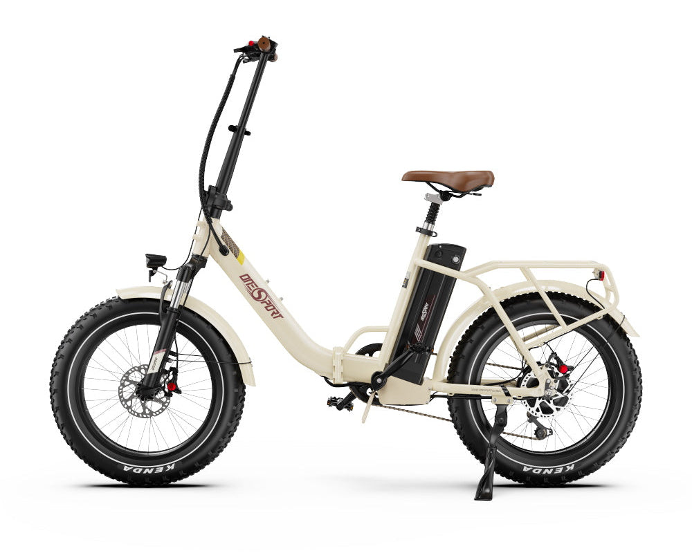 White Onesport OT16 MAX Folding Electric Bike with brown seat on a white background