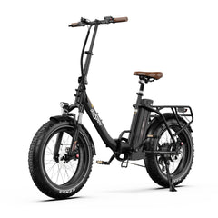 Black Onesport OT16 MAX Folding Electric Motorcycle with brown seat on a white background