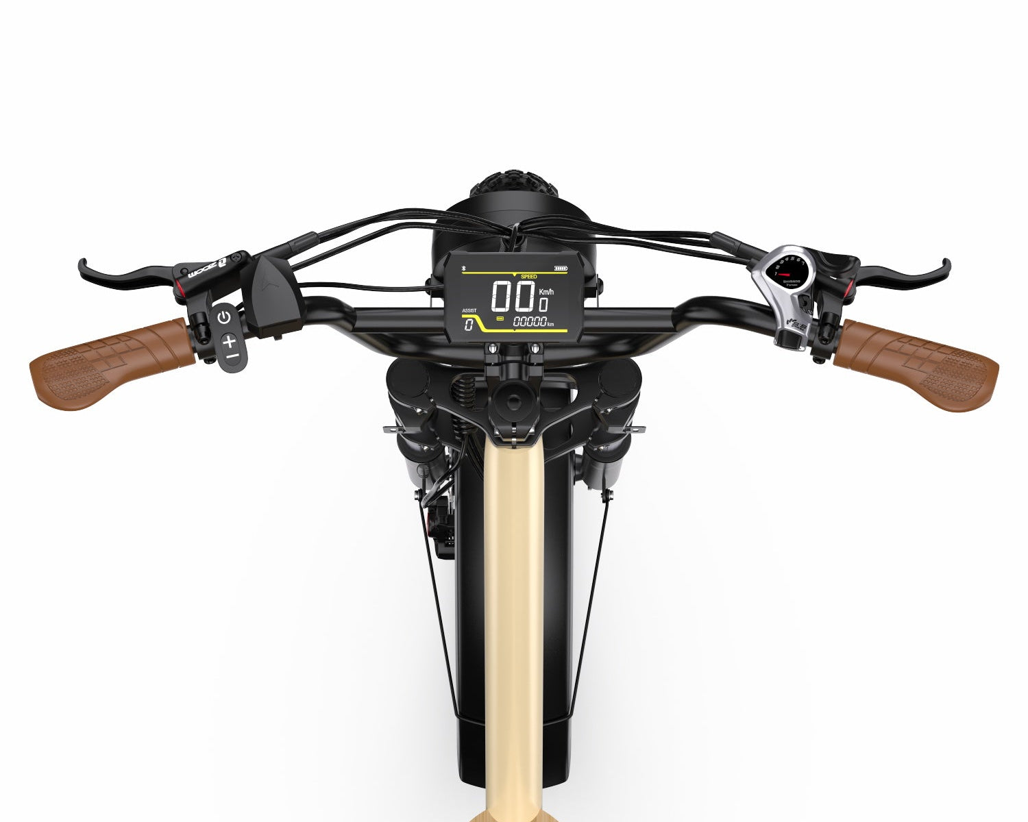 Close-up of a Onesport W77 Electric motorcycle handlebar with wooden grips and digital display on a white background