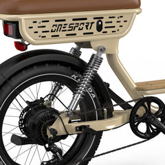Close-up of a beige and brown Onesport W77 Electric Bike with 'Kenda' branding on a white background