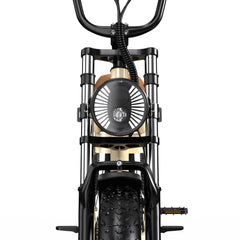 Close-up of a black and gold Onesport W77 Electric Bike engine on a white background