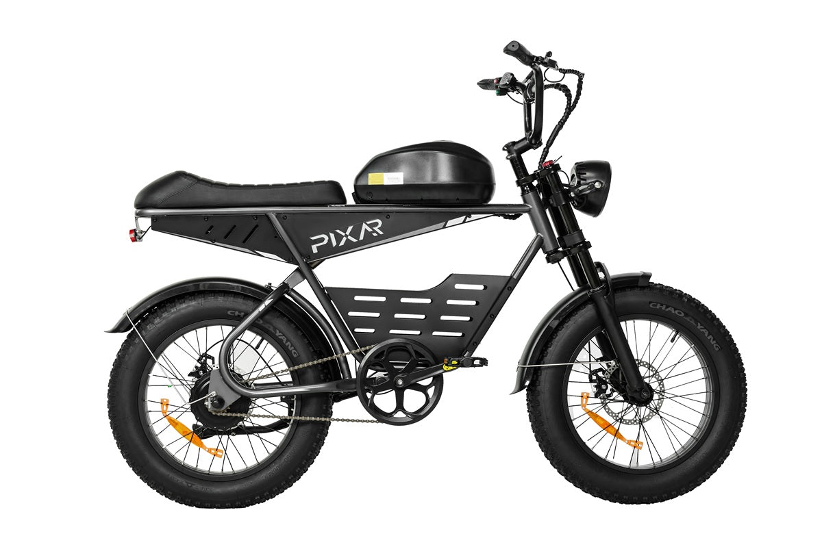 Black Pixar SuperV electric bike with 'PIXAR' branding on a white background