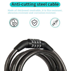 Anti theft bicycle lock, 4-digit password lock, 1-meter ultra strong cable, suitable for mountain bikes, road bikes,