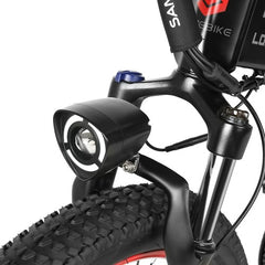 Close-up of an SAMEBIKE LO26-Plus Electric Bike's headlight and front suspension fork on a white background