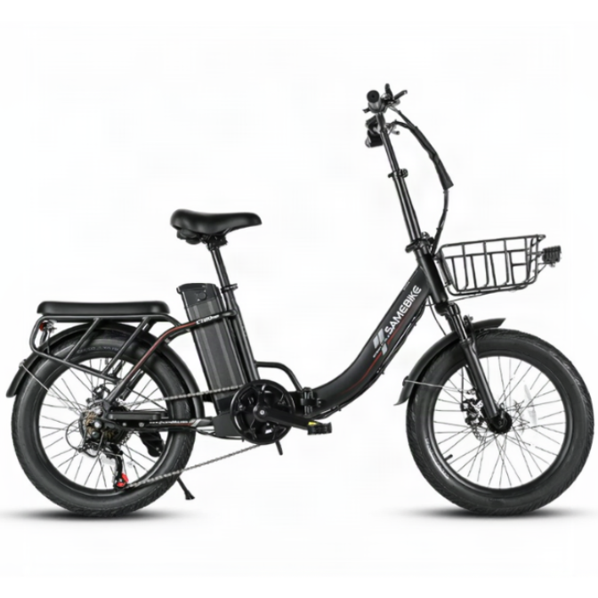 A black SAMEBIKE CY20 Pro Electric bicycle with a front basket, rear cargo rack, and integrated battery pack, shown from a side profile on a white background.