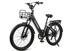 Black Samebike RS-A01 Plus Electric Bike with a basket on a white background