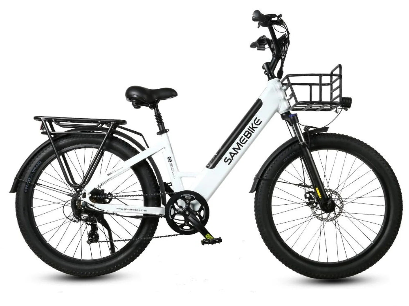 White Samebike RS-A01 Plus Electric Bike with black components on a white background - Pogo Cycles