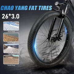 Bicycle tire with CHAO YANG FAT TIRES branding and specifications on a dark background - Samebike RS-A01 Plus Electric Bike