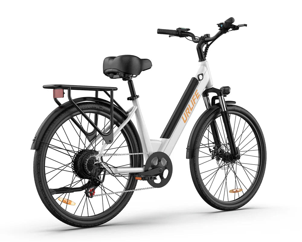 White URLIFE E26 Step-Through Electric bicycle with black tires on a white background