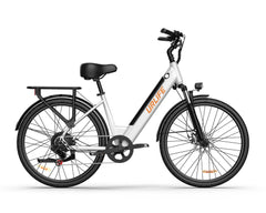 White URLIFE E26 Step-Through Electric Bike with black accents on a white background