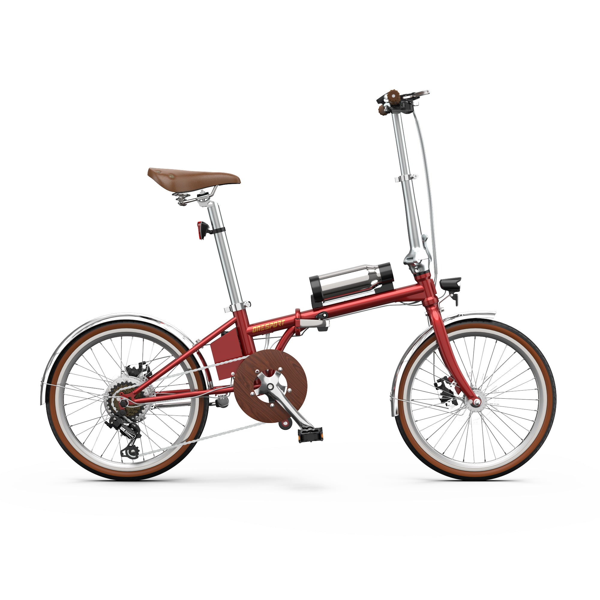 Red Onesport OT02 Pro folding bicycle with brown seat on a white background