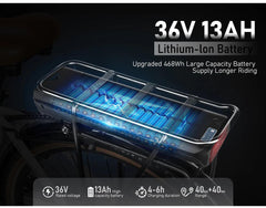 Close-up of Samebike RS-A07 electric bike's 36V 13Ah lithium-ion battery with 468Wh capacity, showcasing charging time and range details – Pogo Cycles.