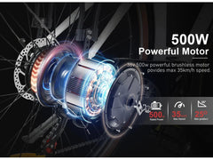 Close-up of Samebike RS-A07 electric bike’s 500W powerful brushless motor, showcasing its 35 km/h top speed and 25° climbing capability – Pogo Cycles.