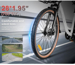 Close-up of Samebike RS-A07 electric bike front wheel with 28x1.95-inch tires, showcasing comfort and grip for various road conditions – Pogo Cycles.