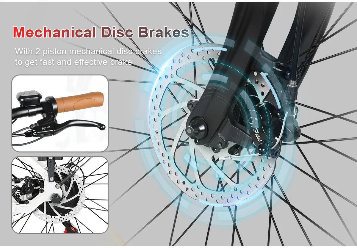 Close-up of Samebike RS-A07 electric bike's mechanical disc brakes with 2-piston system for fast, effective stopping power – Pogo Cycles.